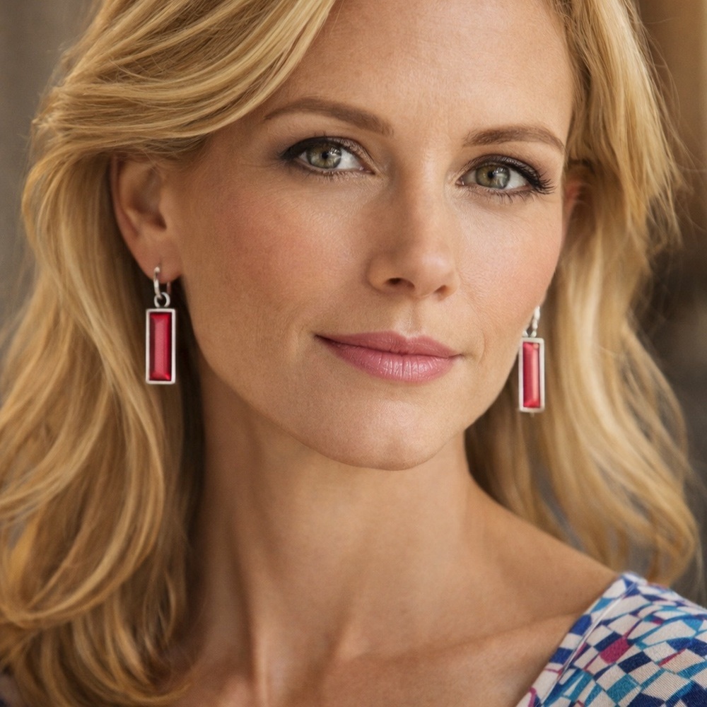 Handcrafted earrings with Austrian deep red coral color baguette crystal - Picture 4 of 4